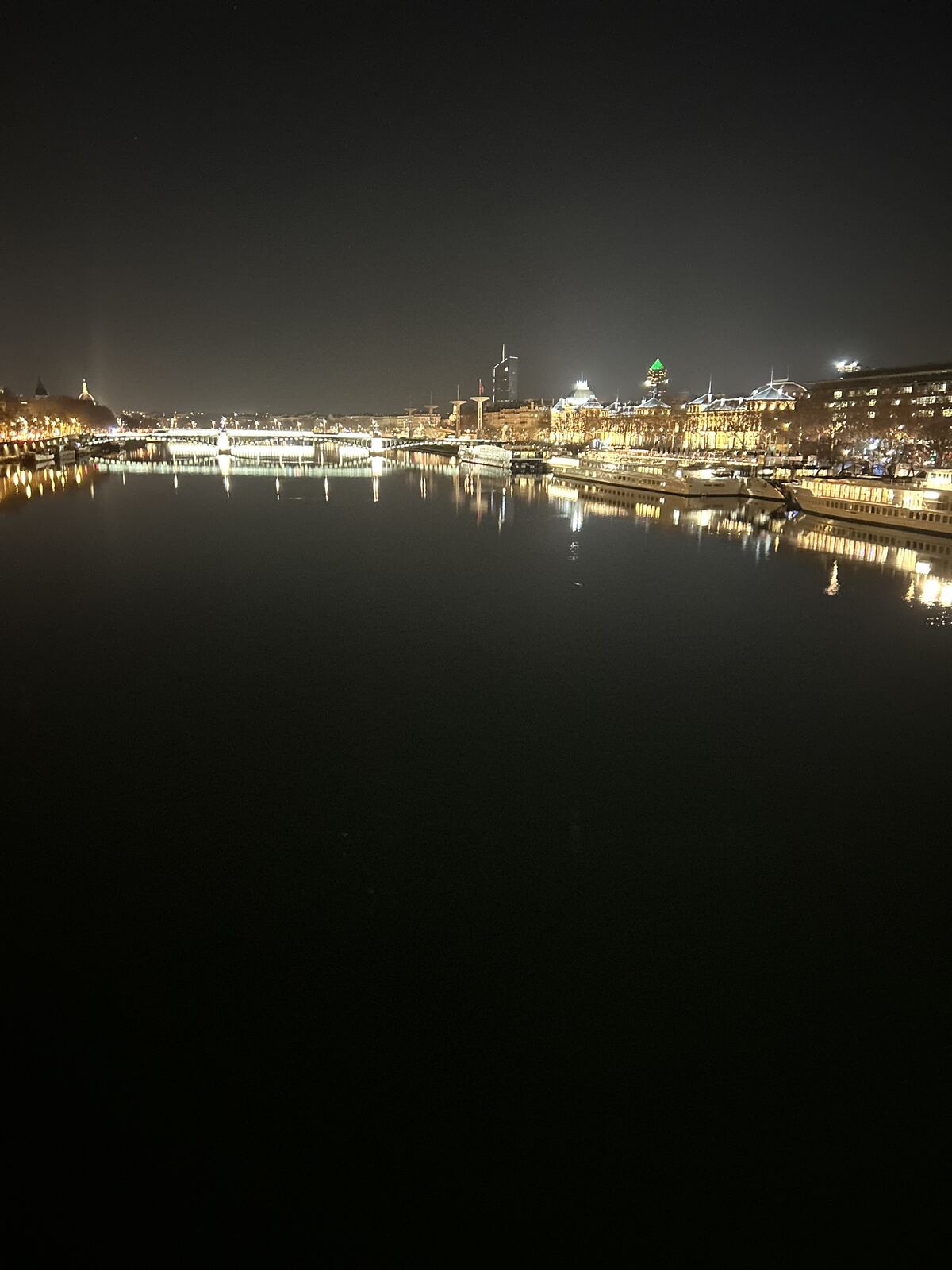 Panorama nocturne de Lyon depuis la Saône, immeubles et ponts illuminés